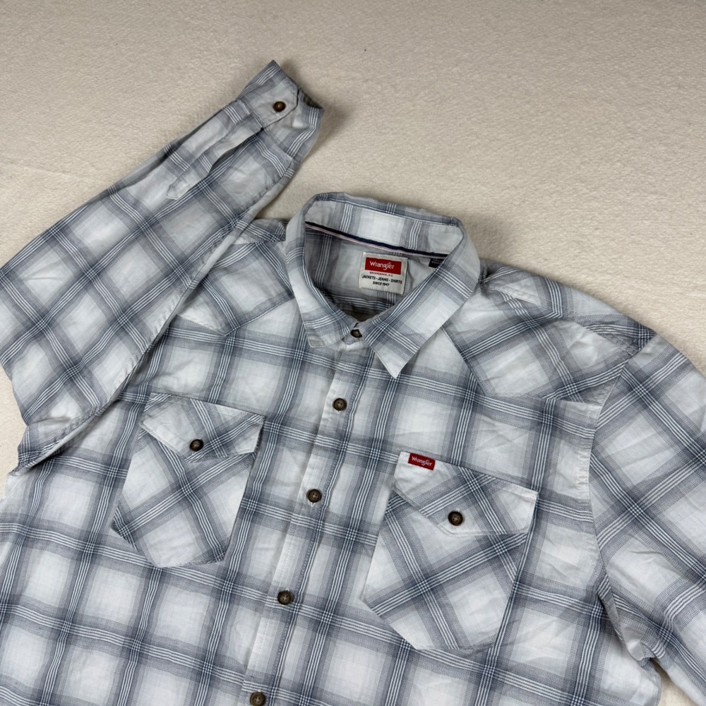 Wrangler Mens 2XL Grey White Plaid Western Long Sleeve Button-Up Shirt 112351789
